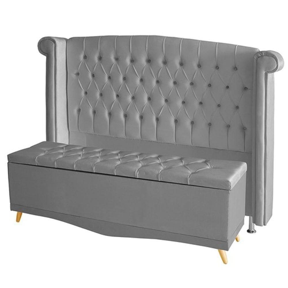 Kit De Quarto Cabeceira De Cama E Calçadeira Baú Toquio Casal 140 Cm Suede Prata Do Lar Móveis E Decoração