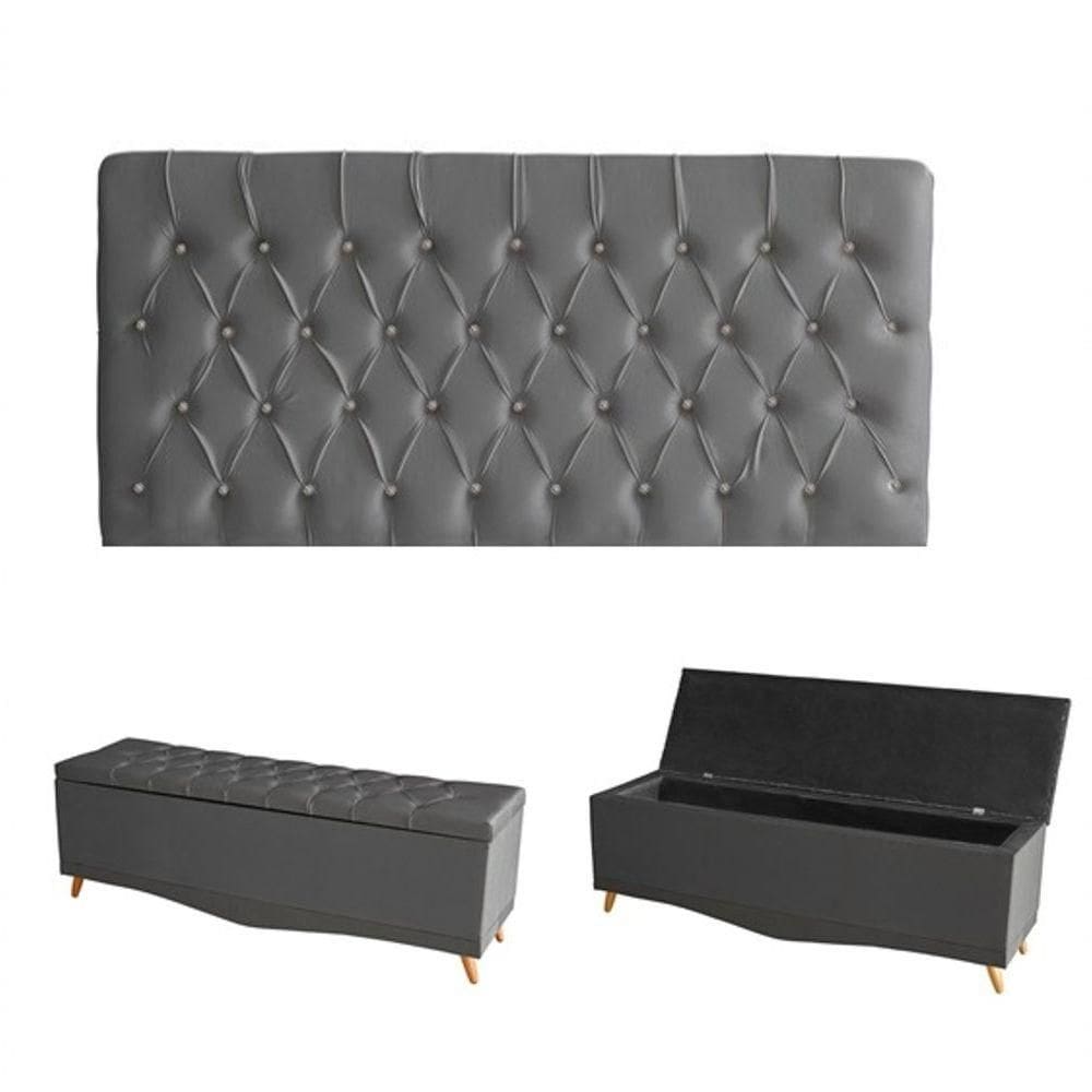Kit Estrela Cabeceira De Cama Painel E Calçadeira Baú Botão Cristal Queen 160 Cm Suede Grafite Do Lar Móveis E Decoraç
