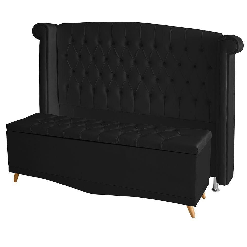 Kit Cabeceira De Cama E Calçadeira Baú Luxo King 195 Cm Suede Preto Do Lar Móveis