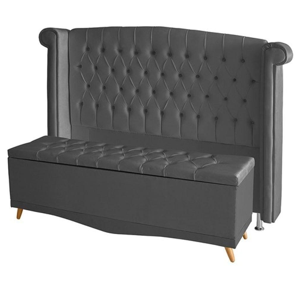 Kit Cabeceira De Cama E Calçadeira Baú Luxo Casal 140 Cm Suede Grafite Do Lar Móveis