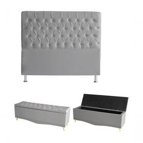 Kit Estrela Cabeceira De Cama E Calçadeira Baú Pés Palito Botão Cristal Queen 160 Cm Suede Prata Do Lar Móveis