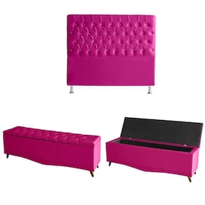 Kit Estrela Cabeceira De Cama E Calçadeira Baú Pés Palito Botão Cristal Casal 140 Cm Suede Rosa Pink Do Lar Móveis