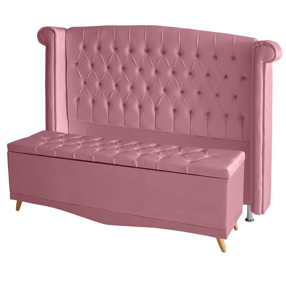 Kit Cabeceira De Cama E Calçadeira Baú Luxo Casal 140 Cm Suede Rosa Bebê Do Lar Móveis