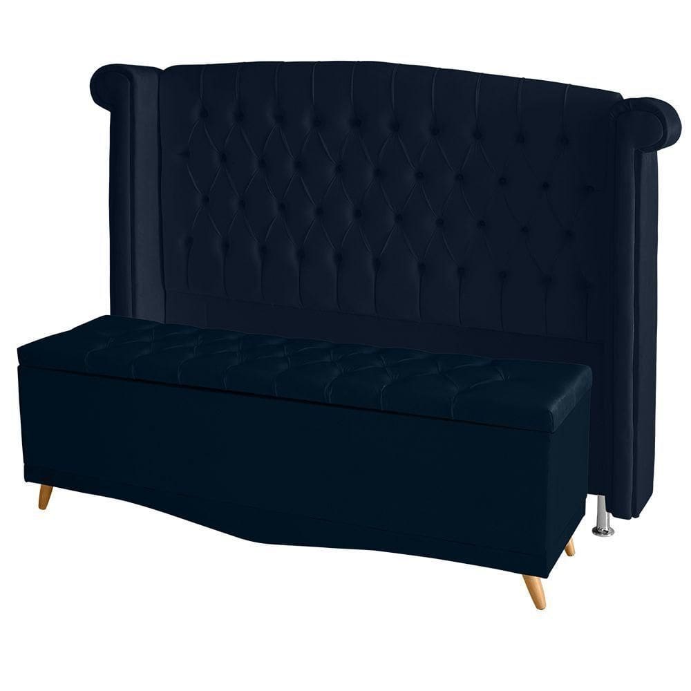 Kit De Quarto Cabeceira De Cama E Calçadeira Baú Toquio Casal Queen 160 Cm Suede Azul Marinho Do Lar Móveis E Decora
