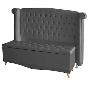 Kit Cabeceira De Cama E Calçadeira Baú Luxo Queen 160 Cm Suede Grafite Do Lar Móveis