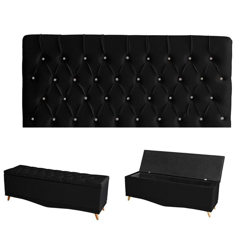 Kit Estrela Cabeceira De Cama Painel E Calçadeira Baú Botão Cristal King 195 Cm Suede Preto Do Lar Móveis E Decoração