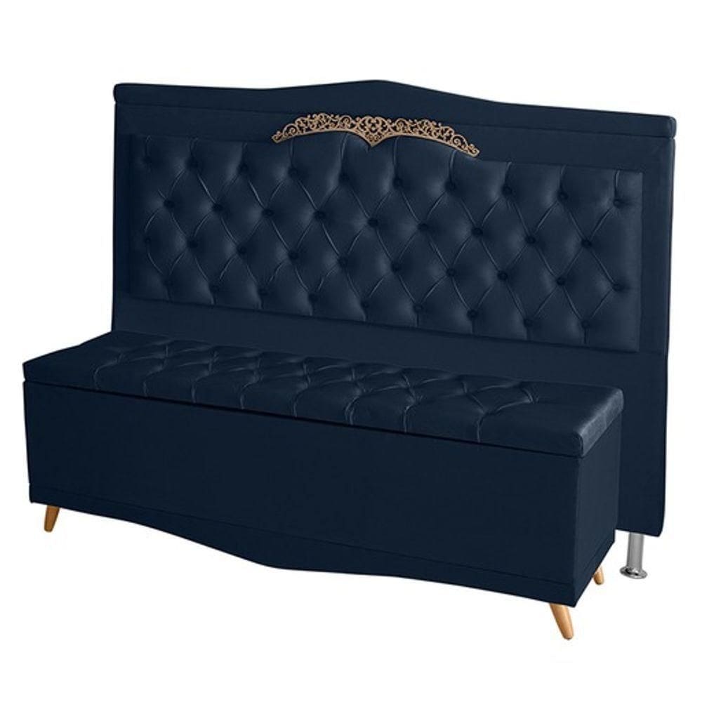 Kit De Cabeceira De Cama E Calçadeira Baú Barcelona King 195 Cm Retro Capitonê Suede Azul Marinho Do Lar Móveis