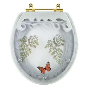 Assento Sanitário Poliester Decorado Oval Convencional Verde Agua Avenca Com Borboleta Vermelha Com Ferragem Dourada