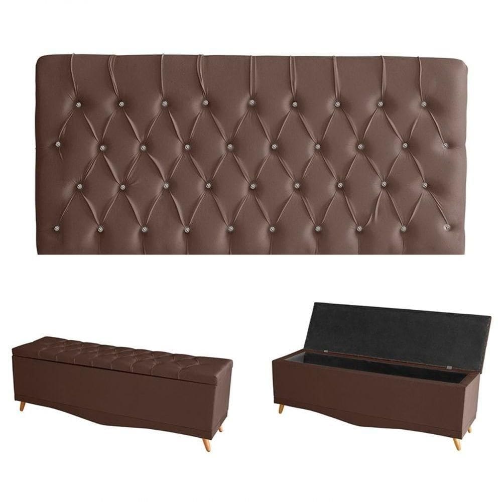 Kit Estrela Cabeceira De Cama Painel E Calçadeira Baú Botão Cristal Queen 160 Cm Suede Rosê Do Lar Móveis E Decoração