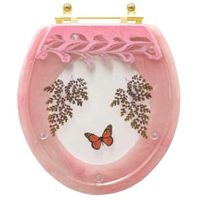 Assento Sanitário Poliester Decorado Oval Convencional Rosa Quartzo Avenca Com Borboleta Vermelha Com Ferragem Dourada