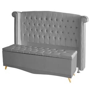 Kit Cabeceira De Cama E Calçadeira Baú Luxo Casal 140 Cm Suede Prata Do Lar Móveis