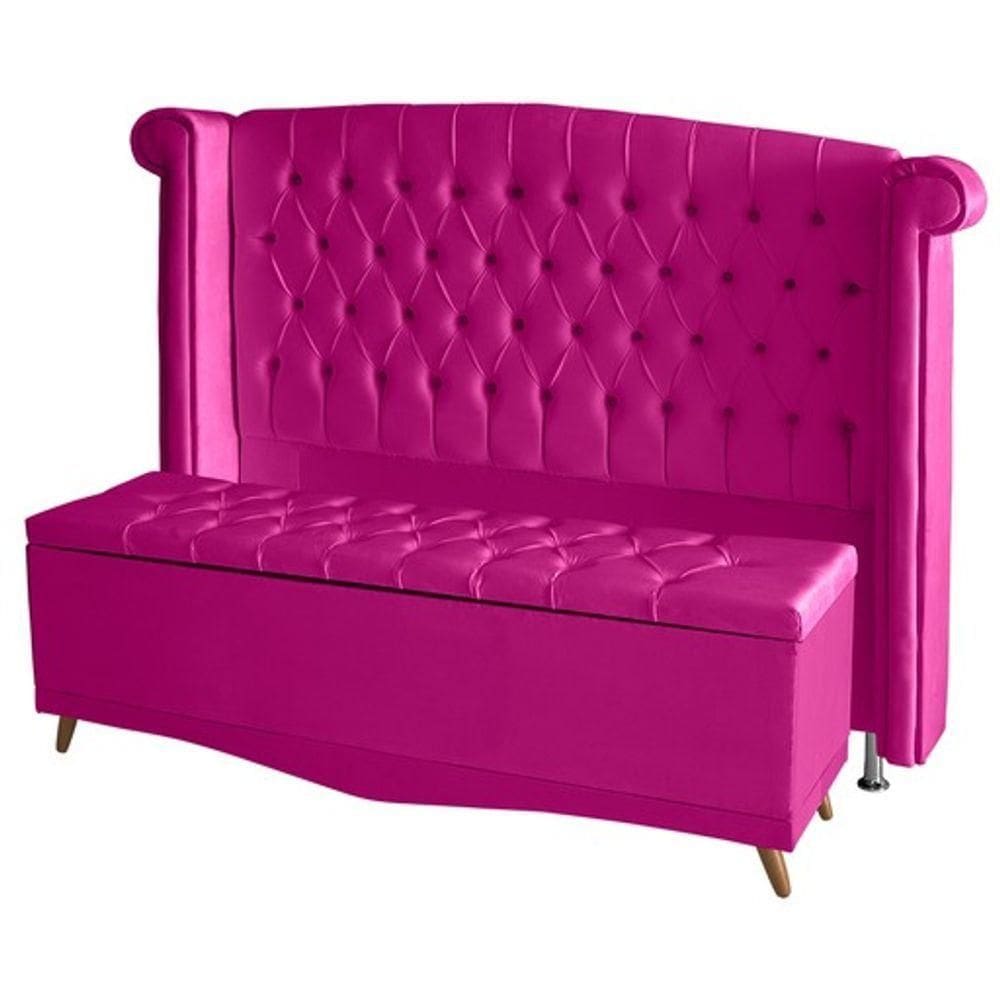 Kit Cabeceira De Cama E Calçadeira Baú Luxo Queen 160 Cm Suede Rosa Pink Do Lar Móveis