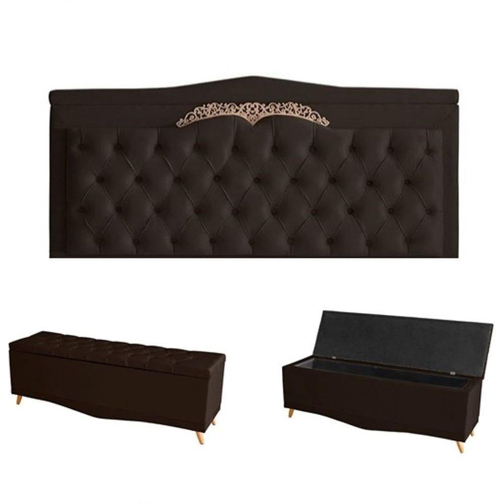 Kit Barcelona Cabeceira De Cama Painel E Calçadeira Baú Queen 160 Cm Suede Marrom Do Lar Móveis E Decoração