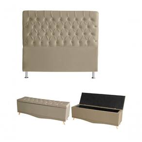 Kit Estrela Cabeceira De Cama E Calçadeira Baú Pés Palito Botão Cristal King 195 Cm Suede Bege Do Lar Móveis