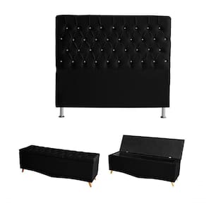Kit Estrela Cabeceira De Cama E Calçadeira Baú Pés Palito Botão Cristal Casal 140 Cm Suede Preto Do Lar Móveis