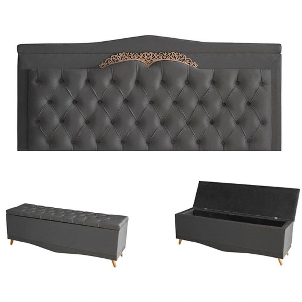 Kit Barcelona Cabeceira De Cama Painel E Calçadeira Baú King 195 Cm Suede Grafite Do Lar Móveis E Decoração