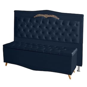 Kit Cabeceira De Cama E Calçadeira Baú Barcelona Capitonê Casal 140 Cm Suede Azul Marinho Casa Móveis E Decoração