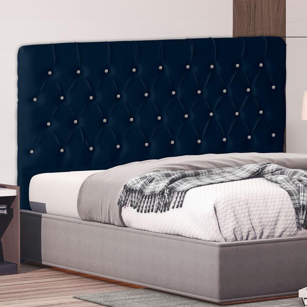 Cabeceira De Cama Estrela Queen 160 Cm Suede Botão Cristal Azul Marinho Do Lar Móveis E Decoração