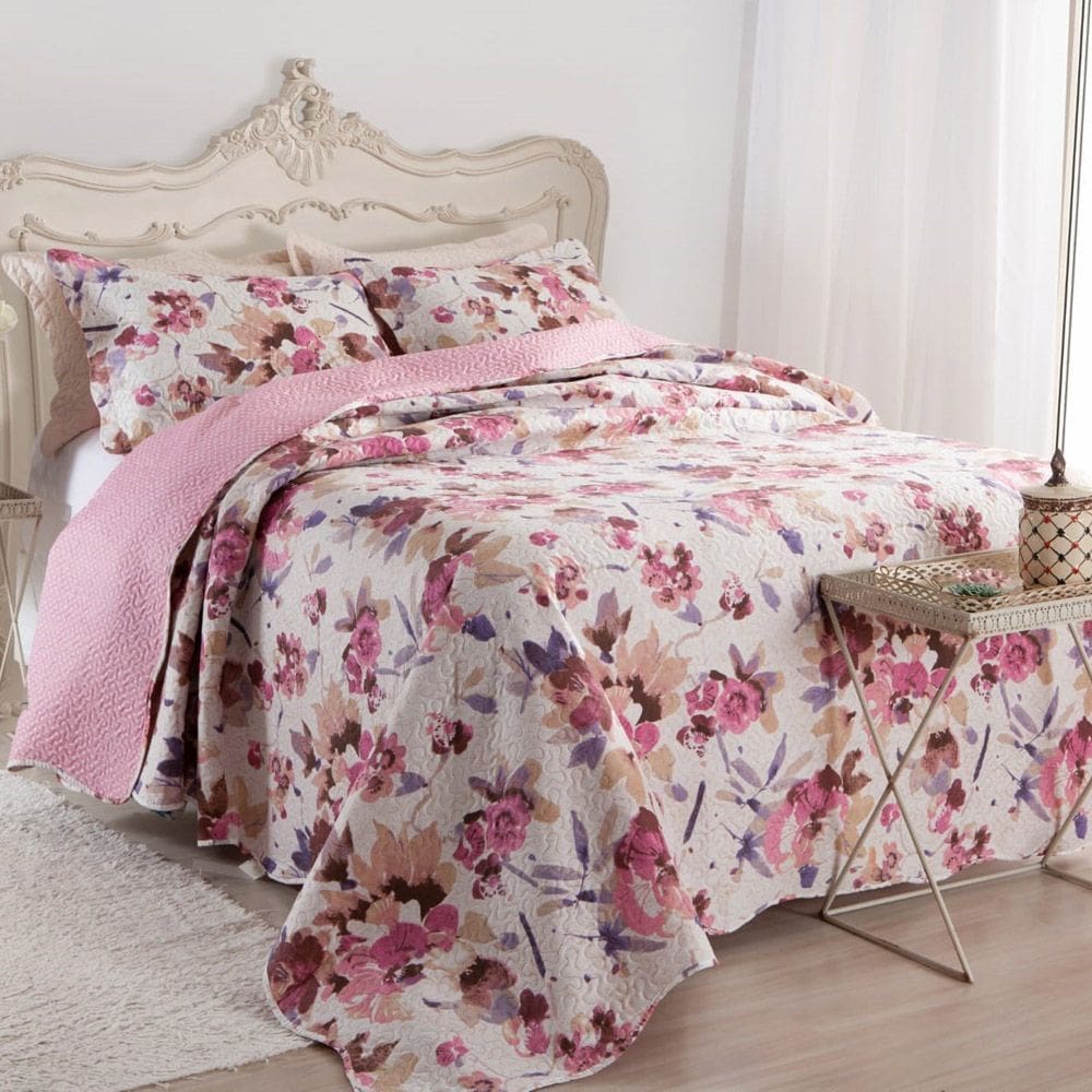Kit Cobre Leito Colcha Casa Scarpa Mix Queen Estampado Dupla Face Floral 3 Peças - Damares