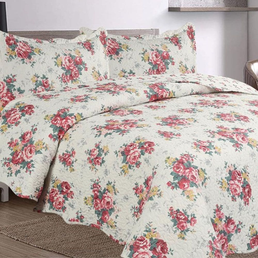 Kit Cobre Leito Colcha Casa Scarpa Mix Queen Estampado Dupla Face Floral 3 Peças - Maracris