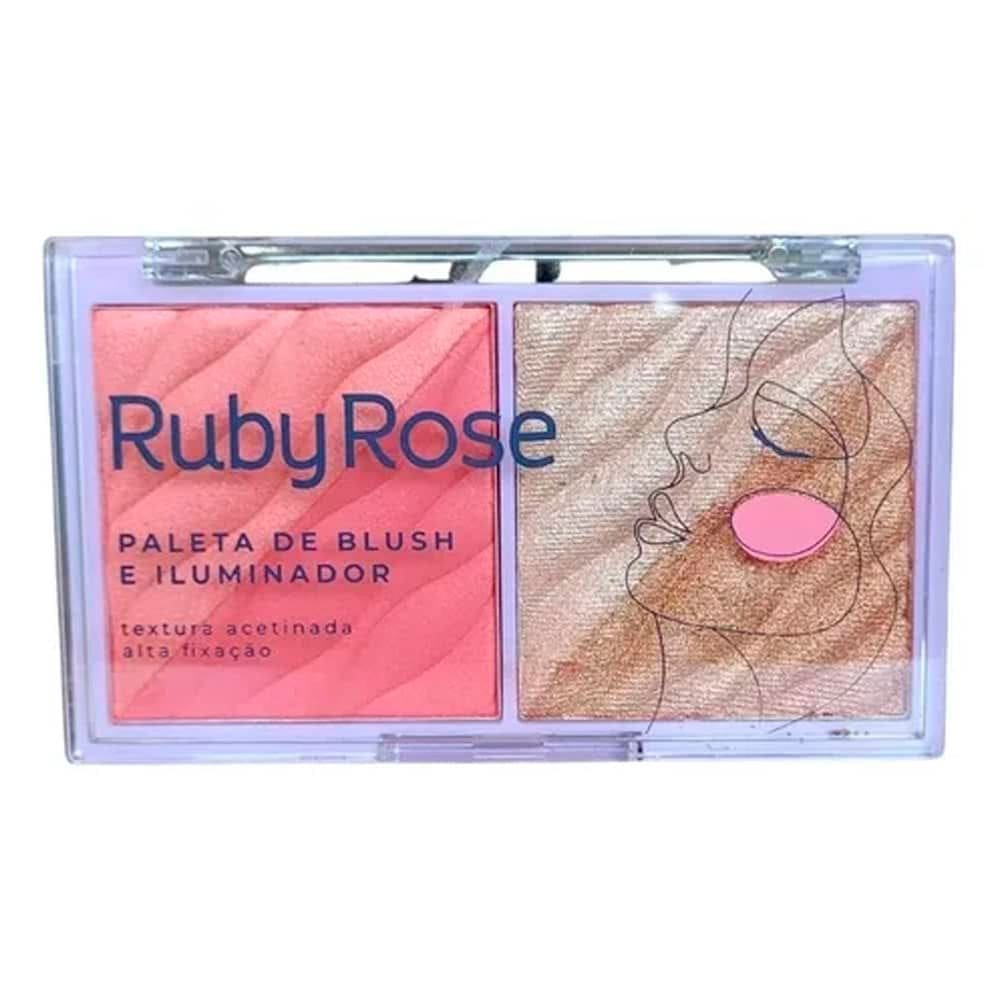 Paleta De Blush e Iluminador Alta Fixação Textura Acetinada Ruby Rose 4 Tons