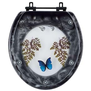 Assento Sanitário Decorado Oval Convencional Preto Com Borboleta Azul Com Ferragem Preta
