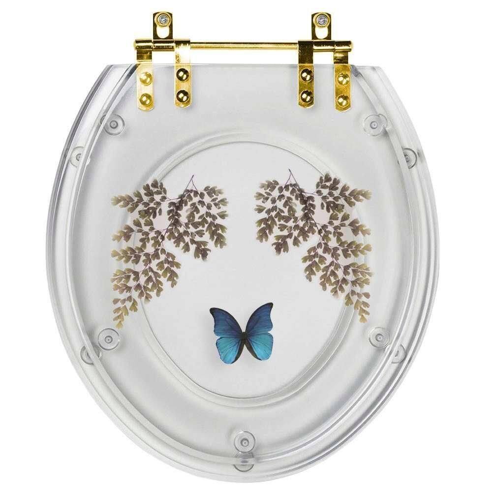 Assento Sanitário Poliester Oval Transparente Decorado Borboleta Azul Com Ferragem Dourada