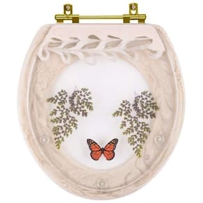 Assento Sanitário Poliester Decorado Oval Convencional Creme Avenca Com Borboleta Vermelha Com Ferragem Dourada