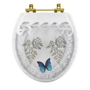 Assento Sanitário Poliester Oval Branco Decorado Borboleta Azul Com Ferragem Dourada