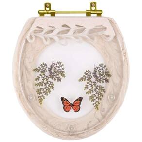 Assento Sanitário Poliester Decorado Oval Convencional Bege Claro Avenca Com Borboleta Vermelha Com Ferragem Dourada