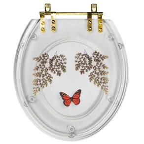 Assento Sanitário Poliester Decorado Oval Transparente Avenca Com Borboleta Vermelha Com Ferragem Dourada