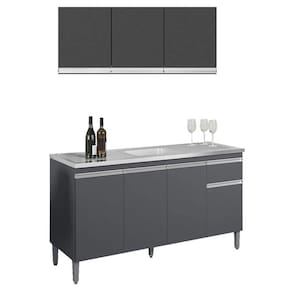 Balcão de Pia Tatiane 145 cm e Armário Aéreo Andréia 3 Portas 120 cm Cinza Fosco - AJL