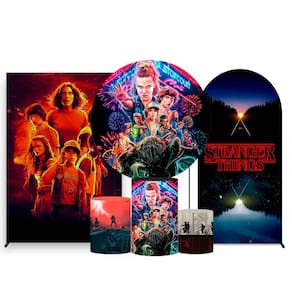 Kit Painel de Festa Redondo de 1,30m, Trio de Cilindros, Painel Lateral e Romano Stranger Things - Fera Print
