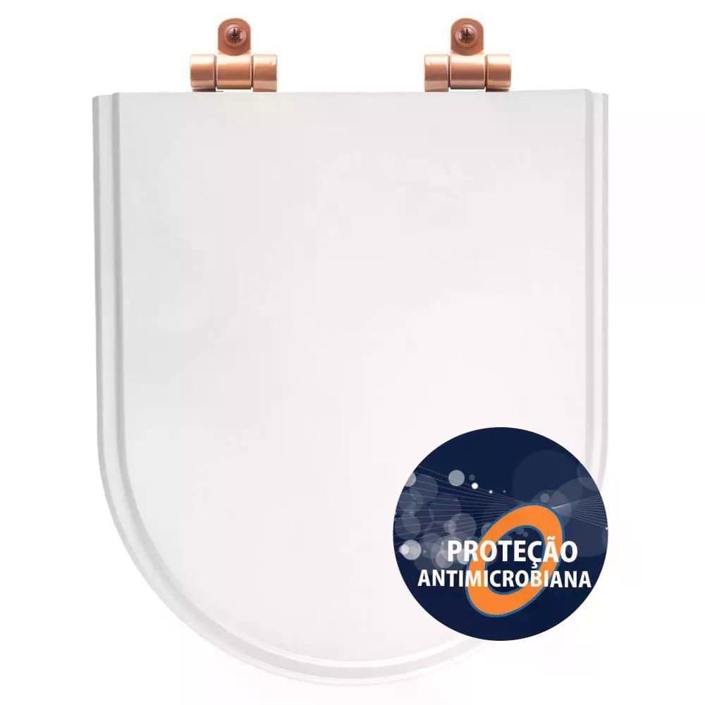 Tampa De Vaso Poliéster Antibactéria Com Amortecedor Carrara Branco Para Bacia Deca Com Ferragem Rose Gold