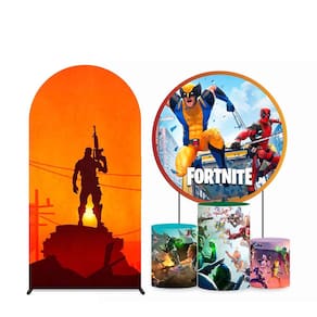 Kit Painel de Festa Redondo 1,80m, Trio de Cilindros e Painel Romano Fortnite - Fera Print