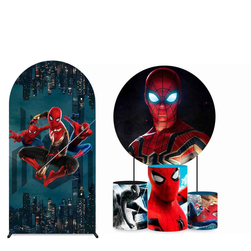 Kit Painel de Festa Redondo 1,50m, Trio de Cilindros e Painel Romano Homem Aranha - Fera Print