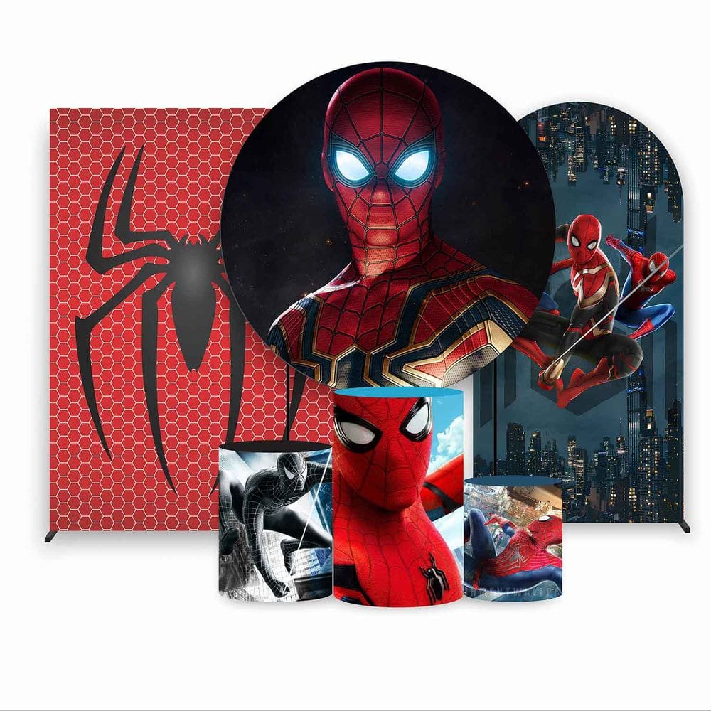 Kit Painel de Festa Redondo de 1,80m, Trio de Cilindros, Painel Lateral e Romano Homem Aranha - Fera Print