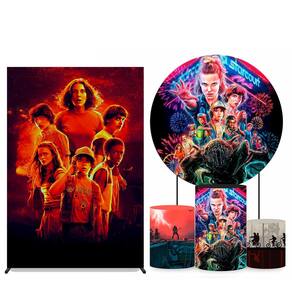 Kit Painel de Festa Redondo 1,30m, Trio de Cilindros e Painel Lateral Stranger Things - Fera Print