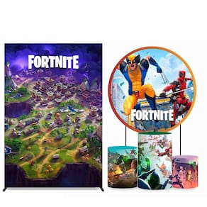 Kit Painel de Festa Redondo 1,50m, Trio de Cilindros e Painel Lateral Fortnite - Fera Print