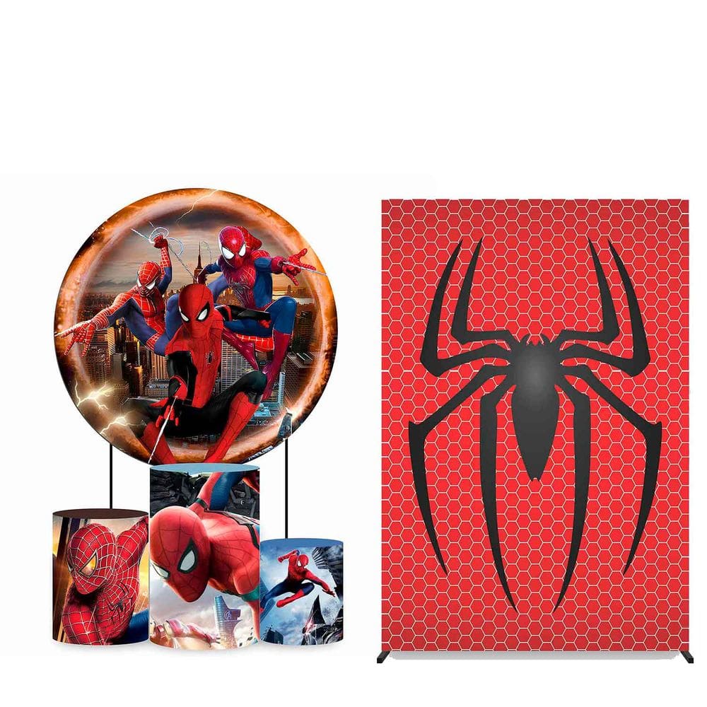 Kit Painel de Festa Redondo 1,50m, Trio de Cilindros e Painel Lateral Homem Aranha - Fera Print