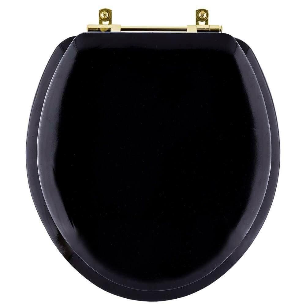 Assento Sanitário Almofadado Convencional Universal Preto Com Ferragem Dourada