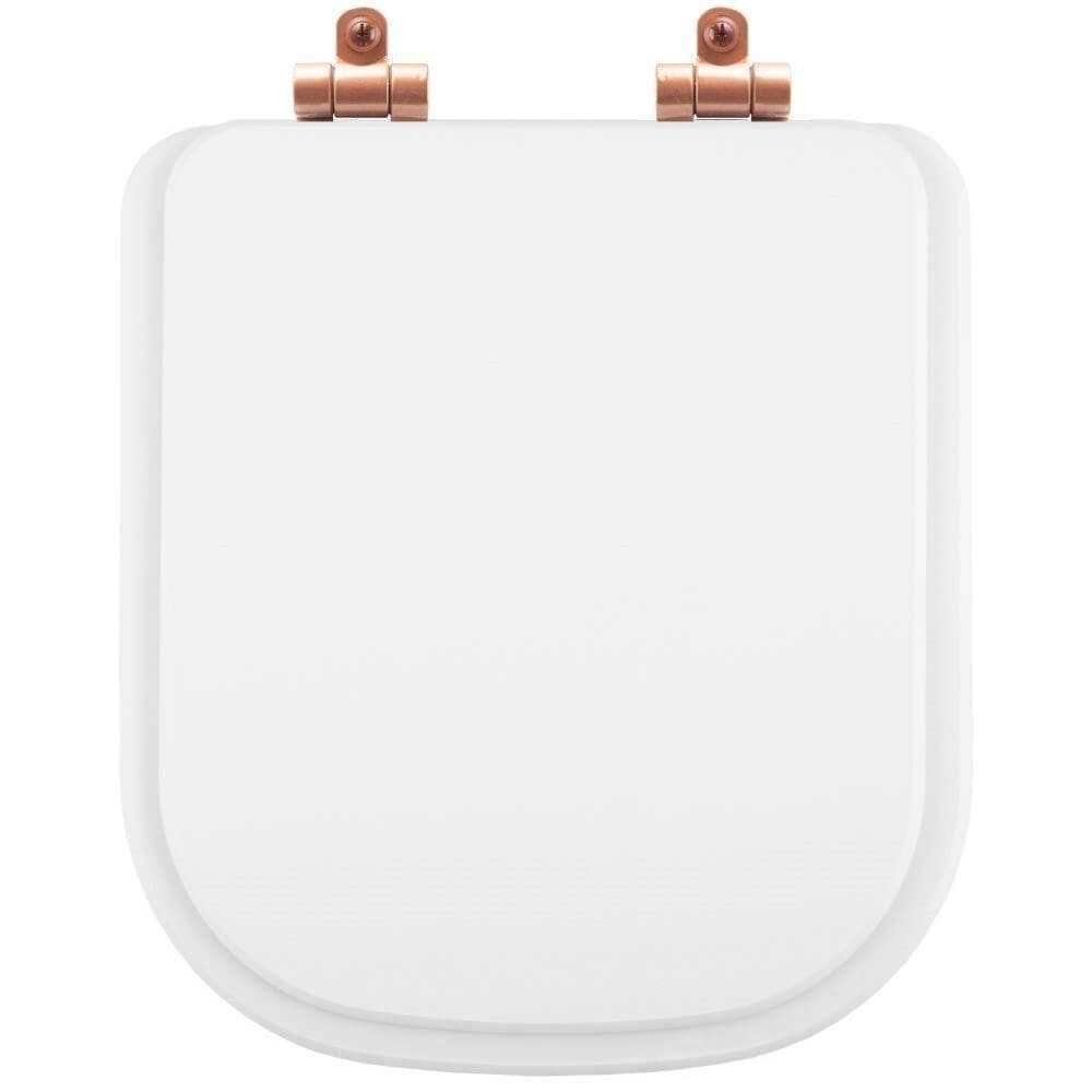 Assento Sanitário Poliéster Soft Close Piano Branco Para Vaso Deca Com Ferragem Rose Gold