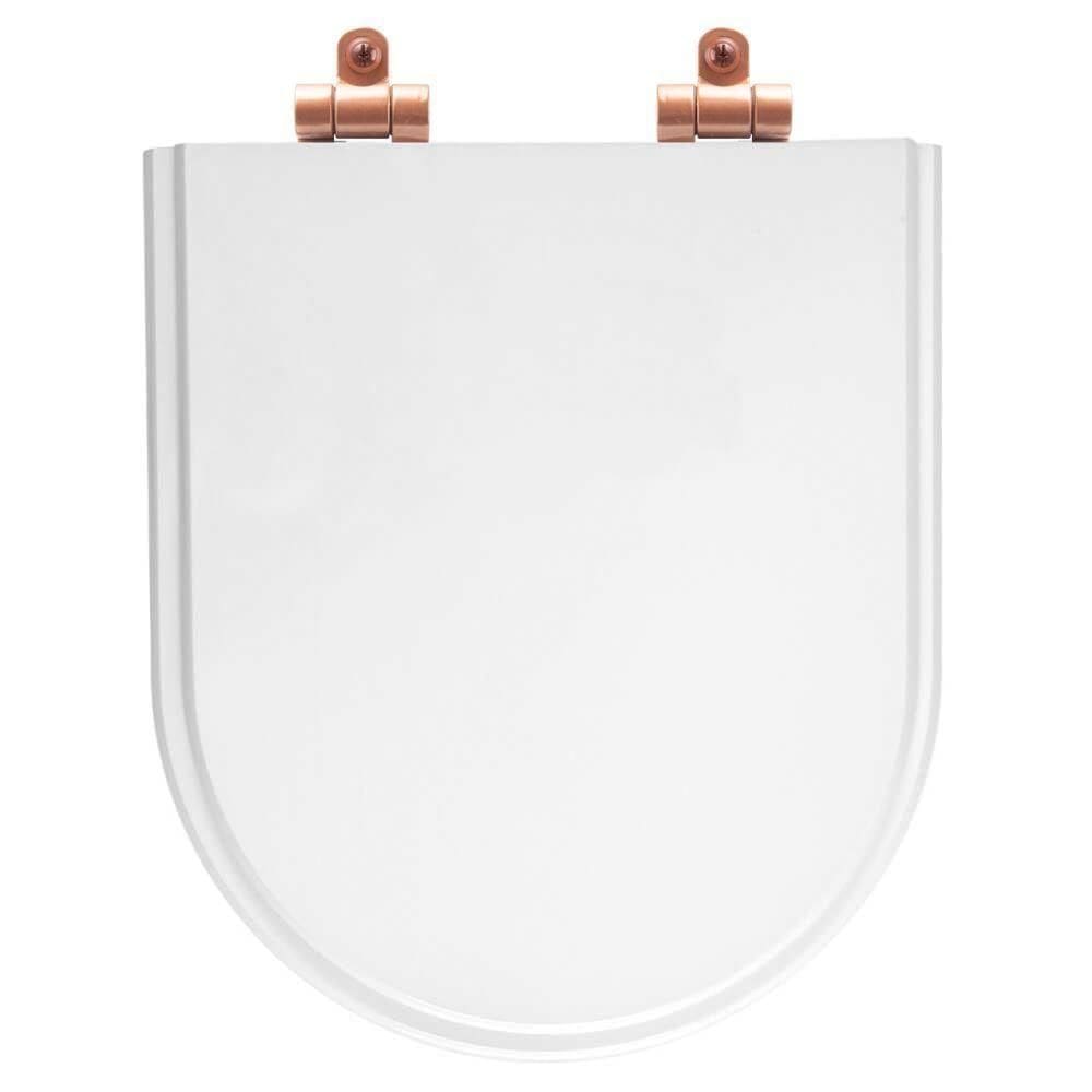 Tampa De Vaso Poliéster Com Fechamento Lento Carrara Branco Para Louça Deca Com Ferragem Rose Gold