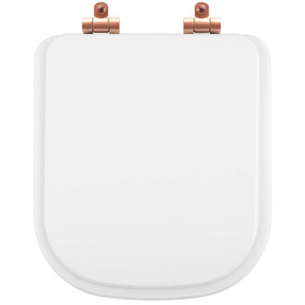 Tampa De Vaso Poliéster Com Amortecedor Piano Branco Para Bacia Deca Com Ferragem Rose Gold