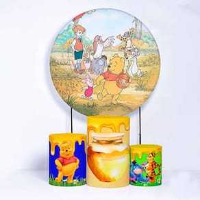 Kit Painel de Festa Redondo de 1,80m e Trio de Cilindros Ursinho Pooh - Fera Print