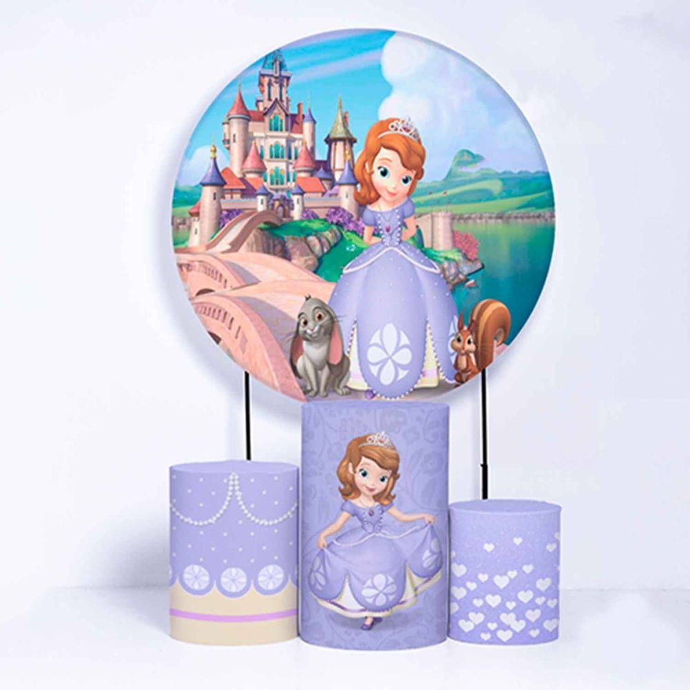 Kit Painel de Festa Redondo de 1,50m e Trio de Cilindros Princesa Sofia - Fera Print