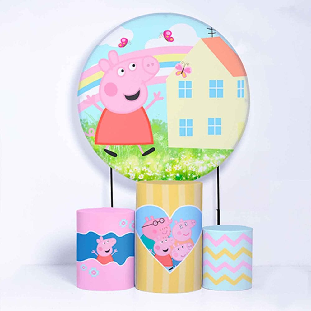 Kit Painel de Festa Redondo de 1,80m e Trio de Cilindros Peppa Pig - Fera Print