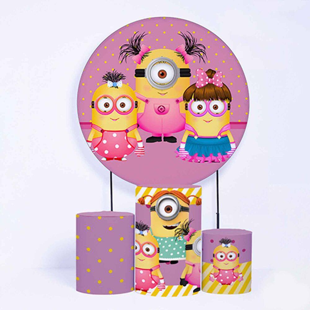 Kit Painel de Festa Redondo de 1,30m e Trio de Cilindros Minions - Fera Print