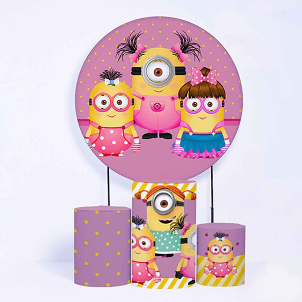 Kit Painel de Festa Redondo de 1,80m e Trio de Cilindros Minions - Fera Print