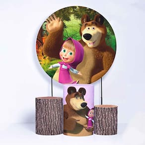 Kit Painel de Festa Redondo de 1,50m e Trio de Cilindros Menina e o Urso - Fera Print